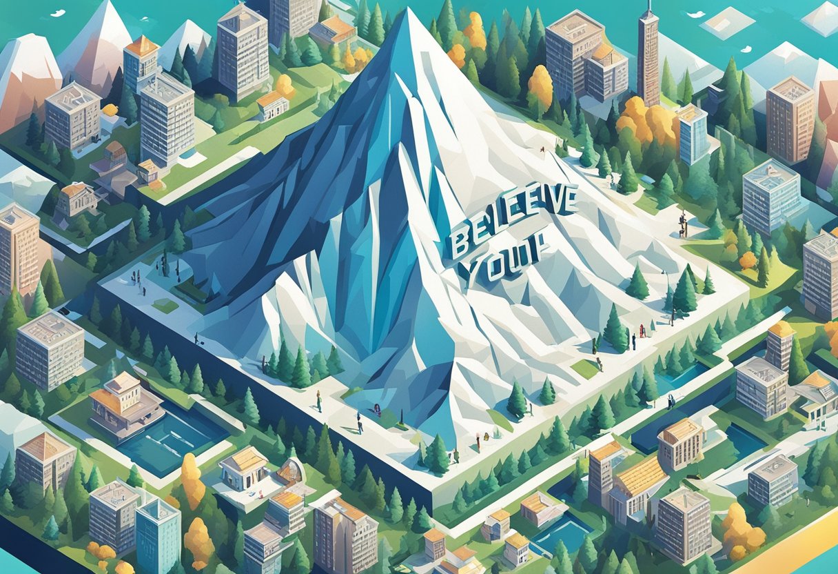 A bright light shines on a mountain peak with the words "Believe in Yourself" written in bold letters. Surrounding the peak are various motivational quotes in elegant fonts