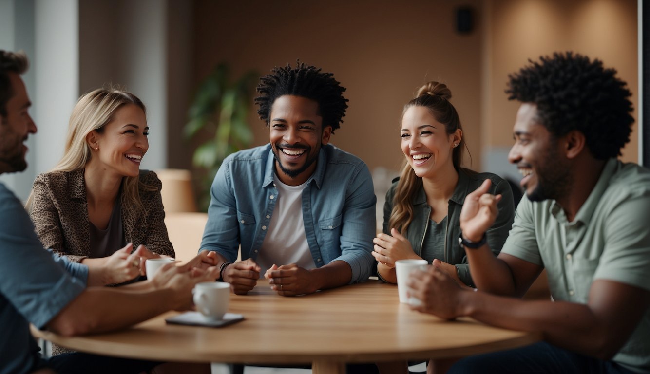 A group of virtual meeting participants engage in an icebreaker activity, sharing laughter and energy as they connect from different locations