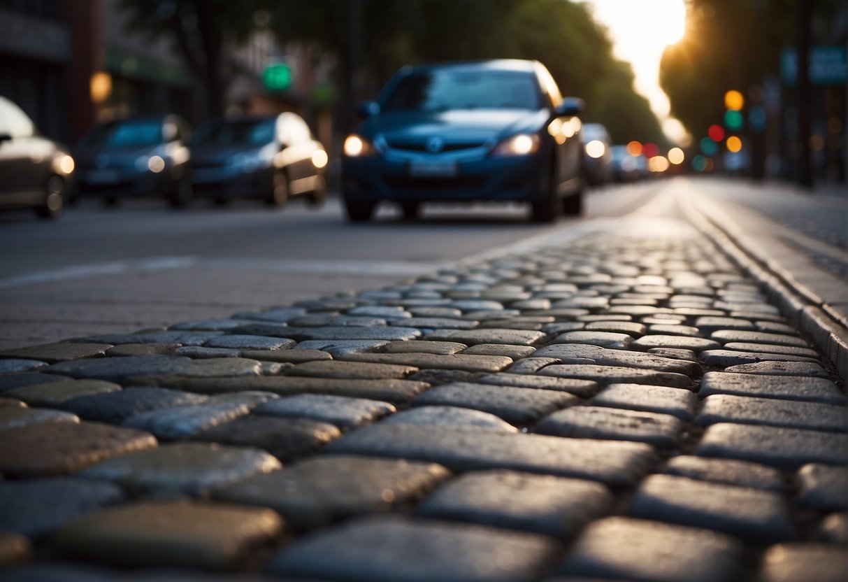 A busy street with heavy traffic passing over pavers, showing signs of wear and tear