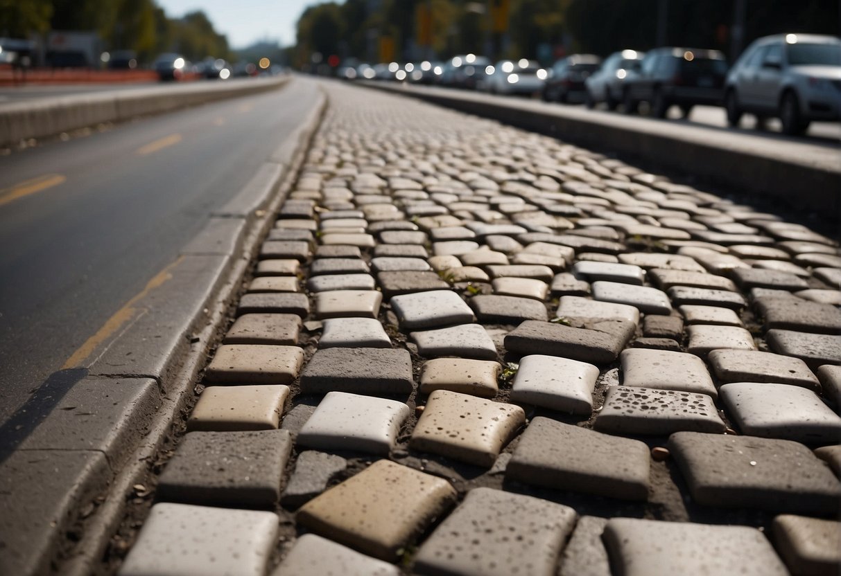 A crowded highway with heavy traffic passing over worn-out pavers, causing visible signs of deterioration and damage to the surface