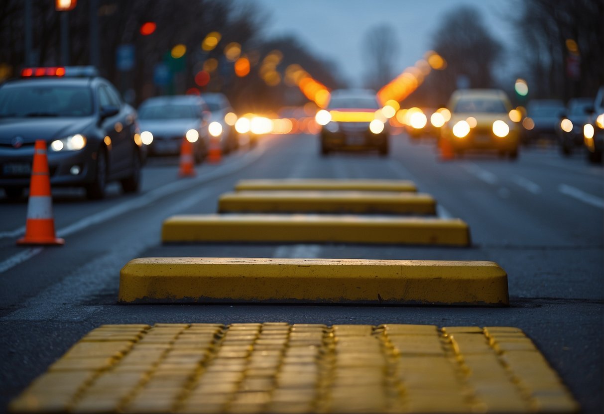 A busy road with heavy traffic, pavers being laid, and safety barriers in place. Signs indicate traffic management measures