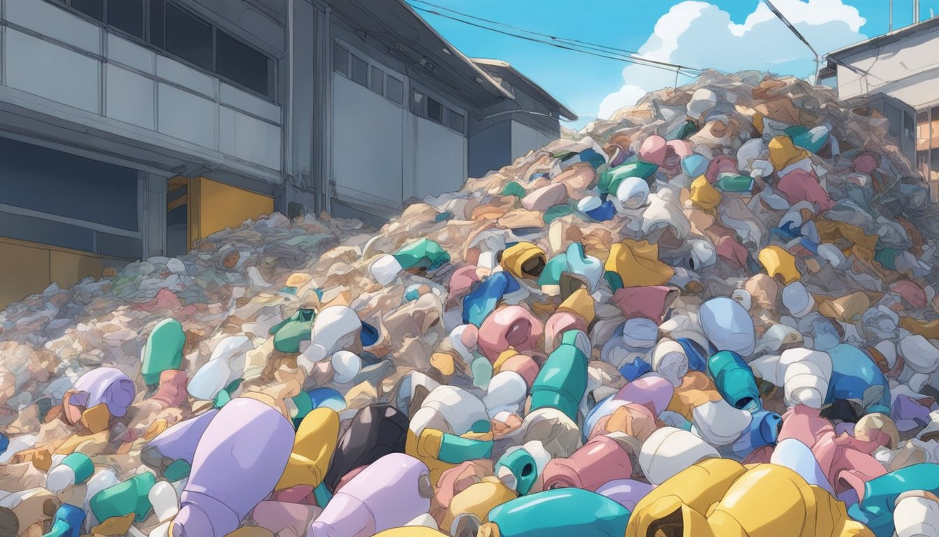 A pile of discarded sex dolls lies in a landfill, surrounded by plastic waste. The scene highlights the environmental impact and the need for sustainable disposal methods