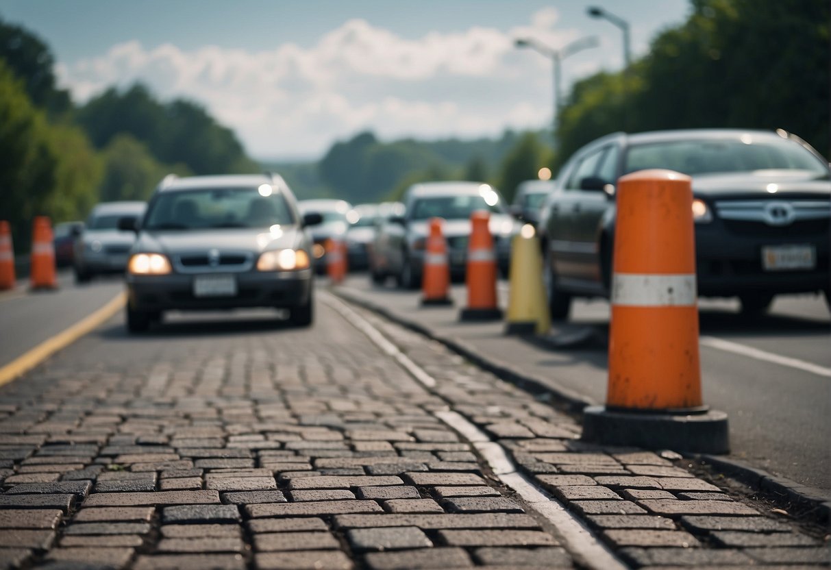 A bustling highway with heavy traffic surrounds a worn-out paver, while regulatory bodies and stakeholders observe the impact