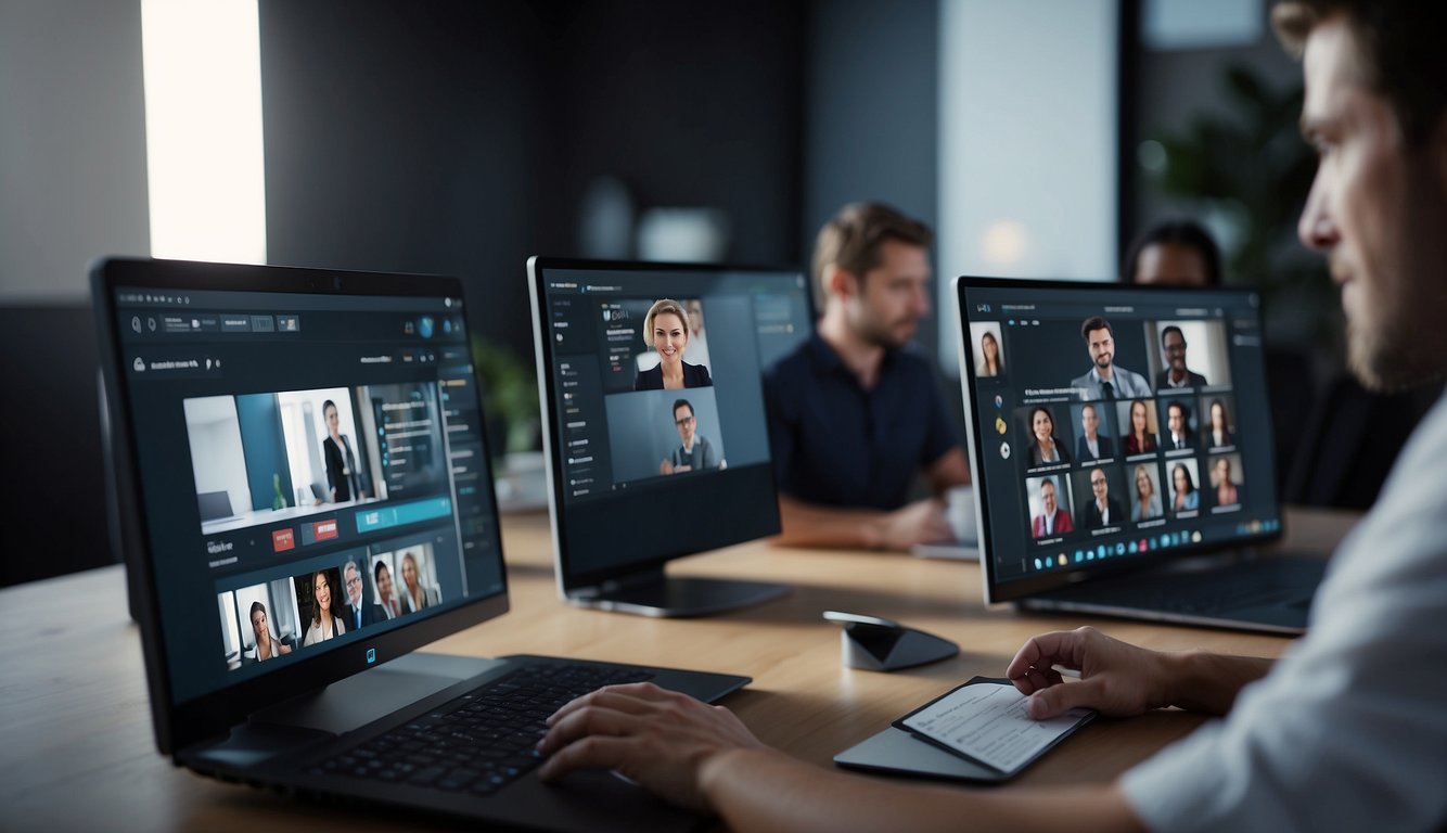 A virtual meeting with visual aids displayed on screens while participants collaborate remotely