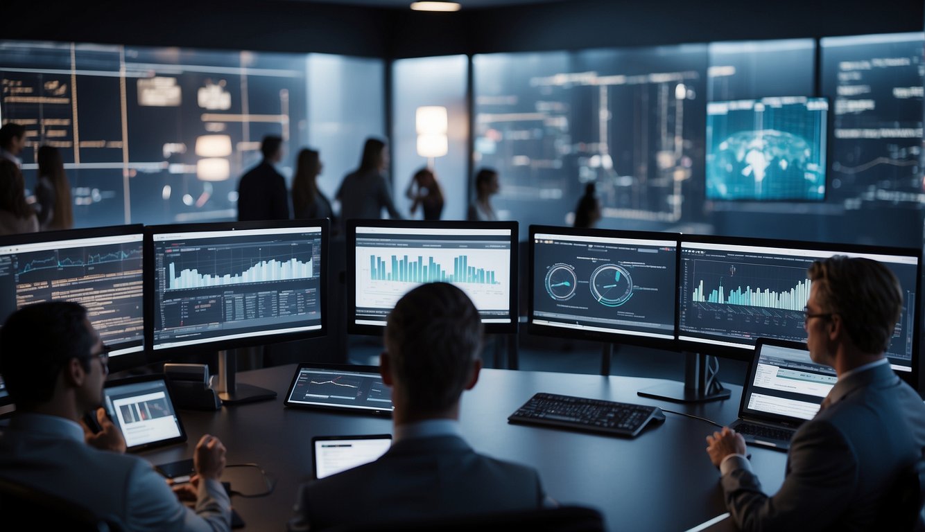 A virtual meeting with charts, graphs, and screens displayed on a computer, with participants engaging in discussion and collaboration