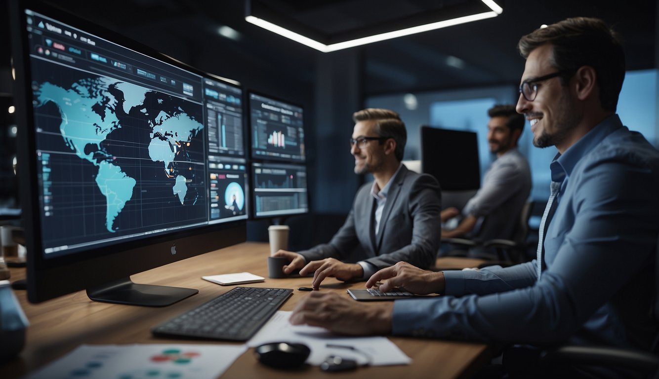 A virtual meeting with charts and graphs projected on a large screen while team members interact and collaborate using digital tools