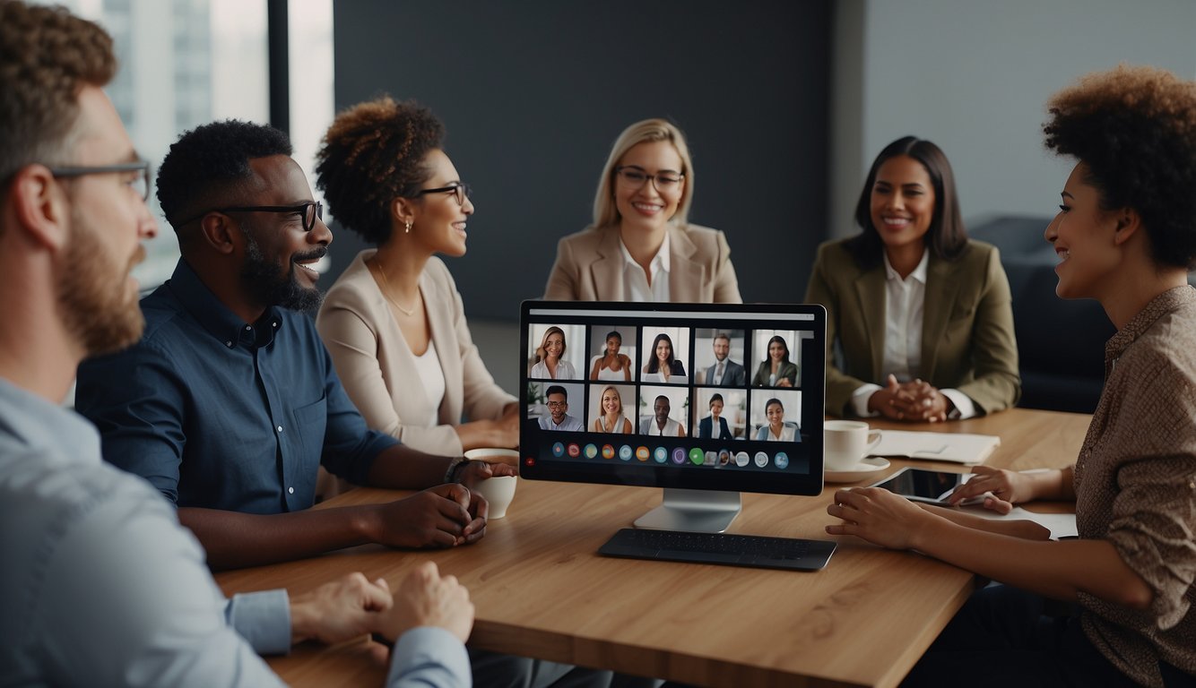 A group of diverse individuals engage in a virtual meeting, utilizing visual aids and technology to overcome remote collaboration challenges