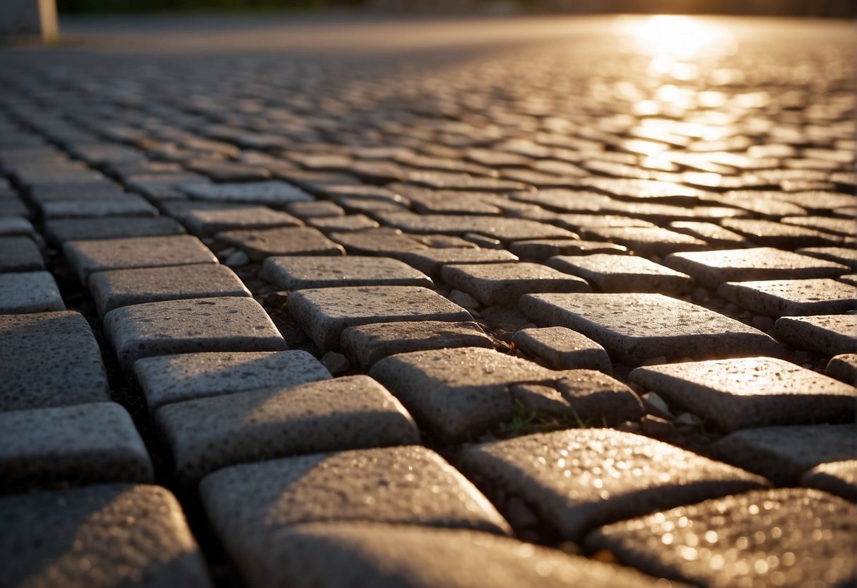 The sun beats down on a weathered paver, causing it to fade and lose its color. Nearby, a resilient paver stands strong, unaffected by the harsh conditions, showcasing the importance of durable materials in combating environmental impact