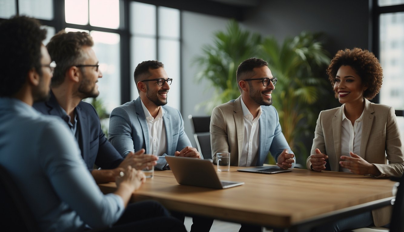 A diverse group of virtual meeting participants engage in lively discussion, with some members actively contributing ideas while others listen attentively