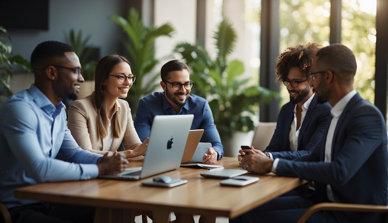 A virtual team meeting with diverse members, engaged in dynamic discussions, using technology to collaborate and interact effectively