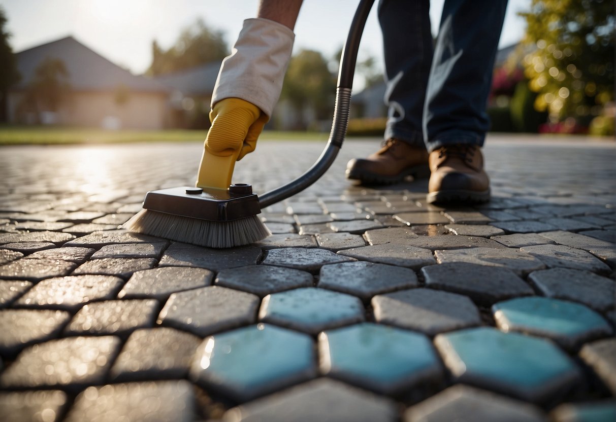 A paver being sealed with a brush or sprayer, surrounded by various sealing options and tools