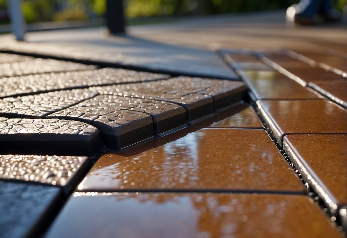 A paver walkway being sealed with a glossy finish, surrounded by various sealing options and tools for maintenance