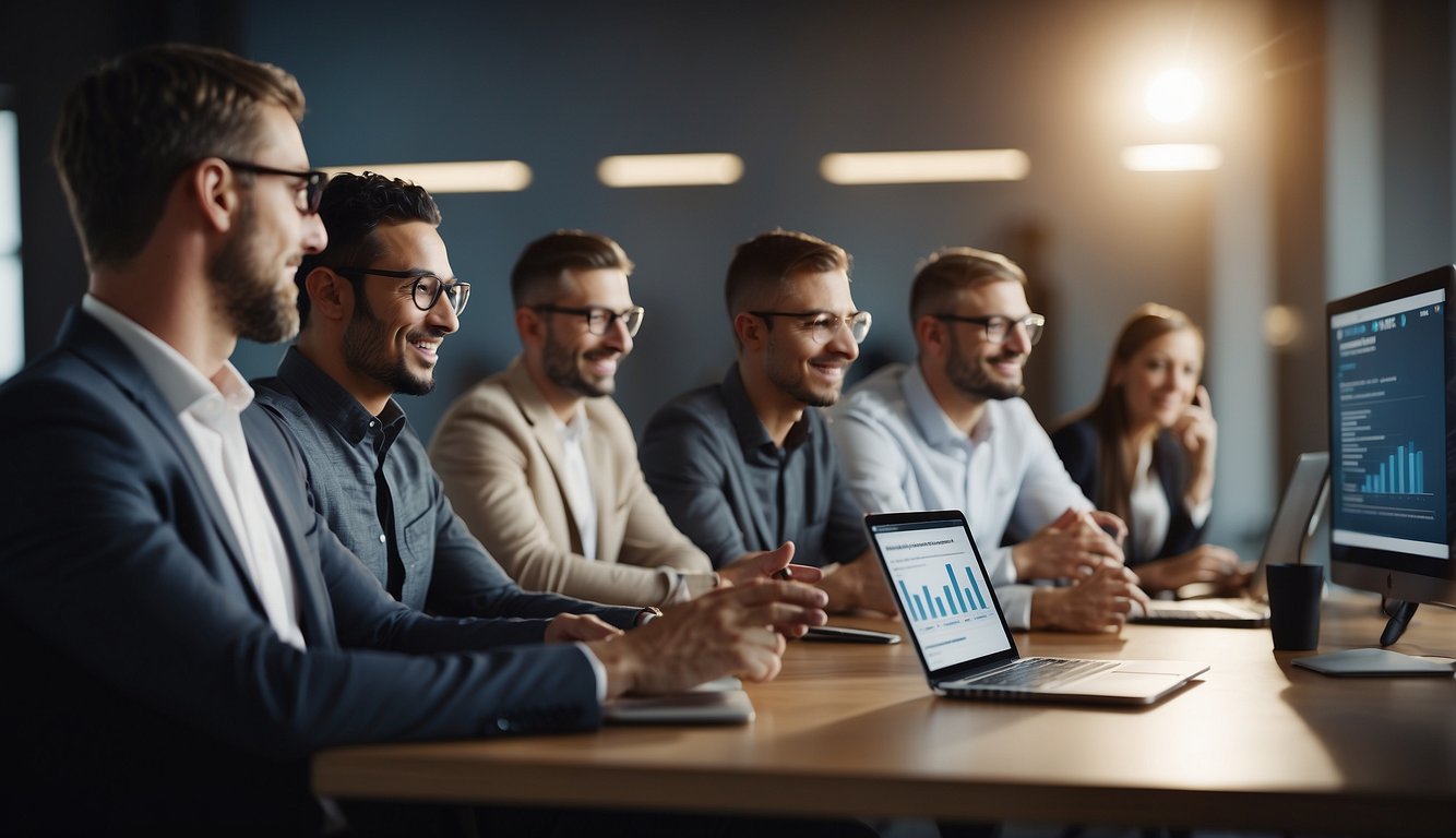 A group of virtual meeting participants engage with technology and resources, managing dynamics and interactions