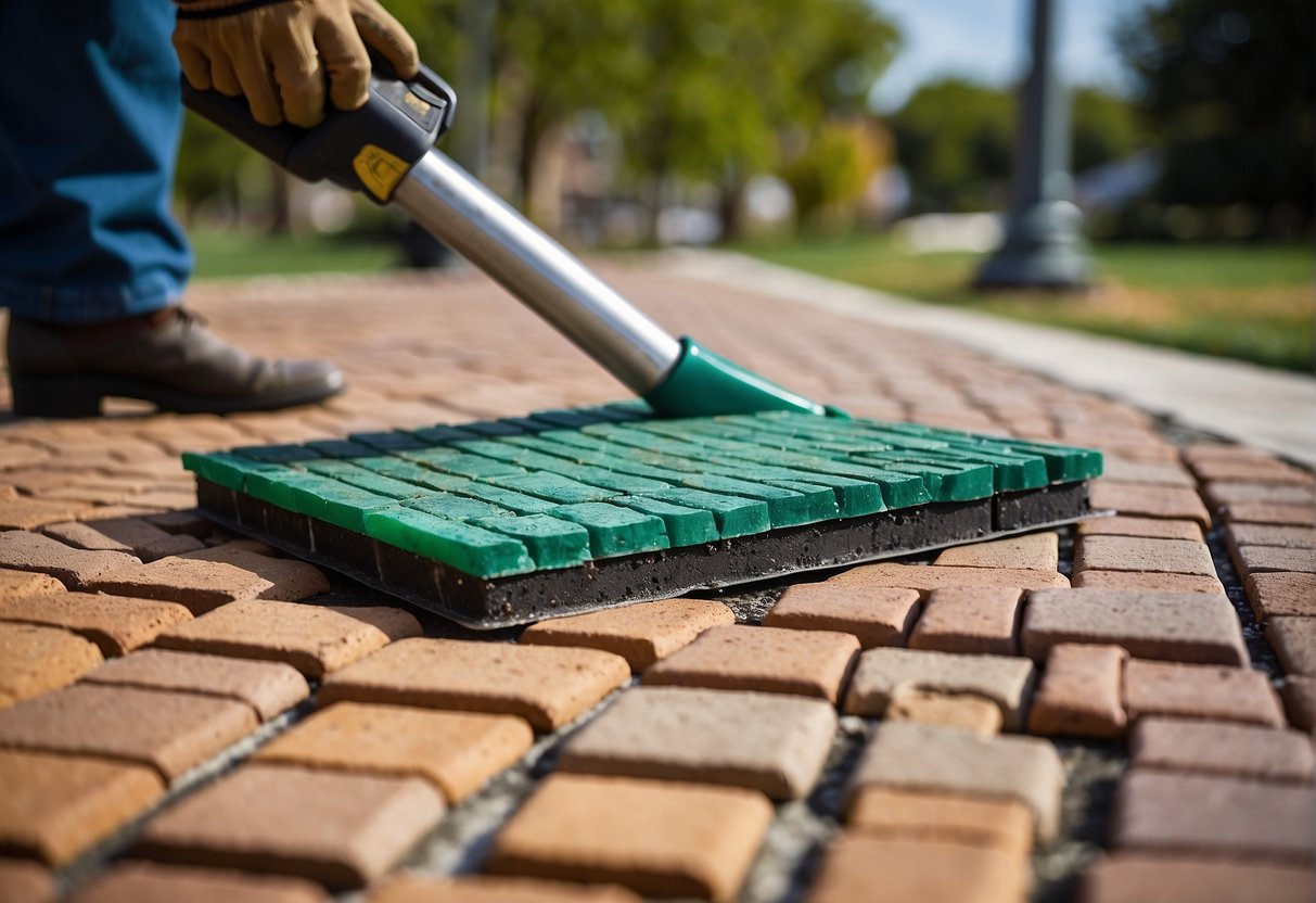 Pavers being sealed with various methods, including brushing, spraying, and rolling, to prevent common maintenance issues