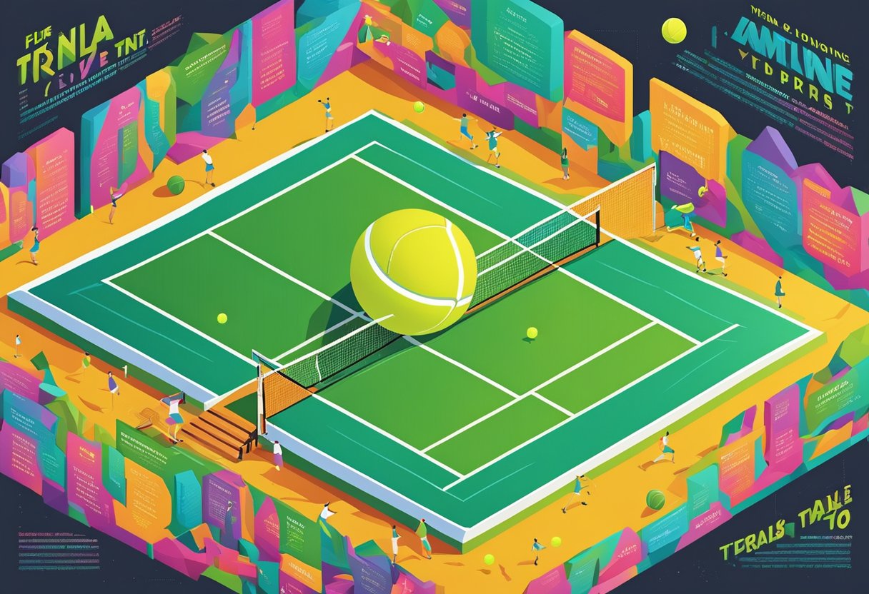 A tennis ball bouncing across a vibrant court, surrounded by a collection of motivational quotes in bold, inspiring typography