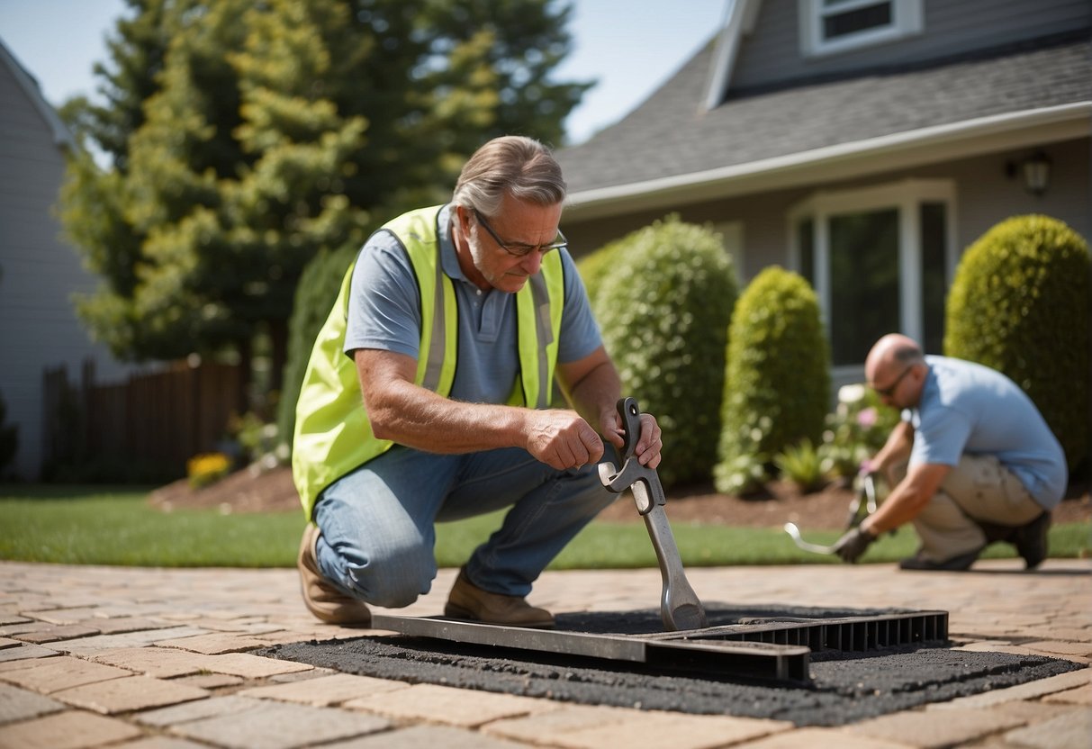 A homeowner carefully examines a damaged paver patio. Tools and materials for DIY repair sit nearby, while a professional crew works on a neighboring driveway