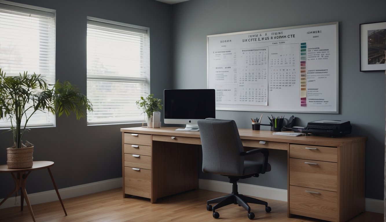 A modern, well-lit home office with a large desk, comfortable chair, and a computer setup. A whiteboard or corkboard with project timelines and goals. A calendar and task list on the wall