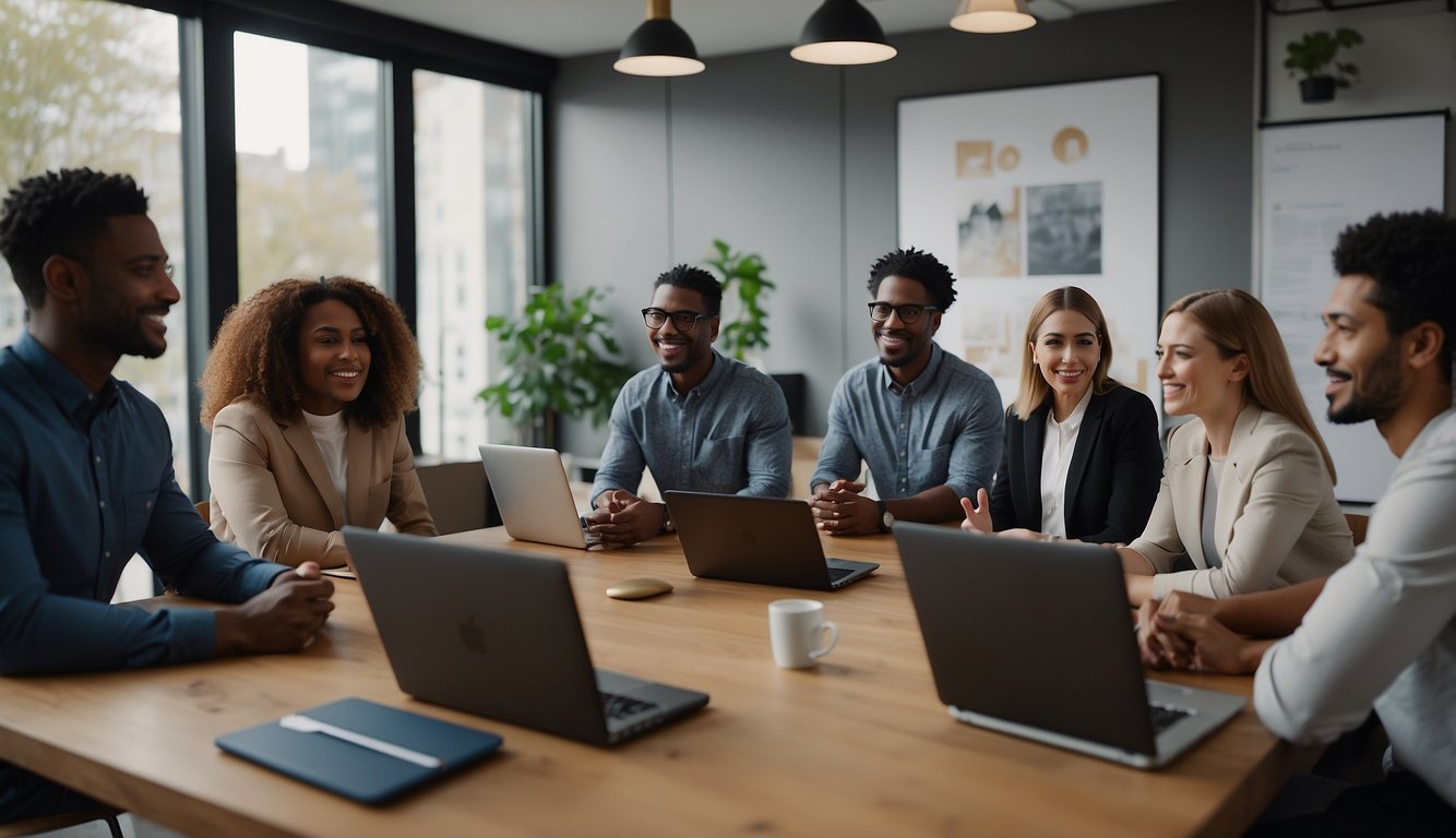 A group of diverse individuals engage in a virtual meeting, sharing ideas and problem-solving together. Communication and collaboration are evident as they work through challenges remotely