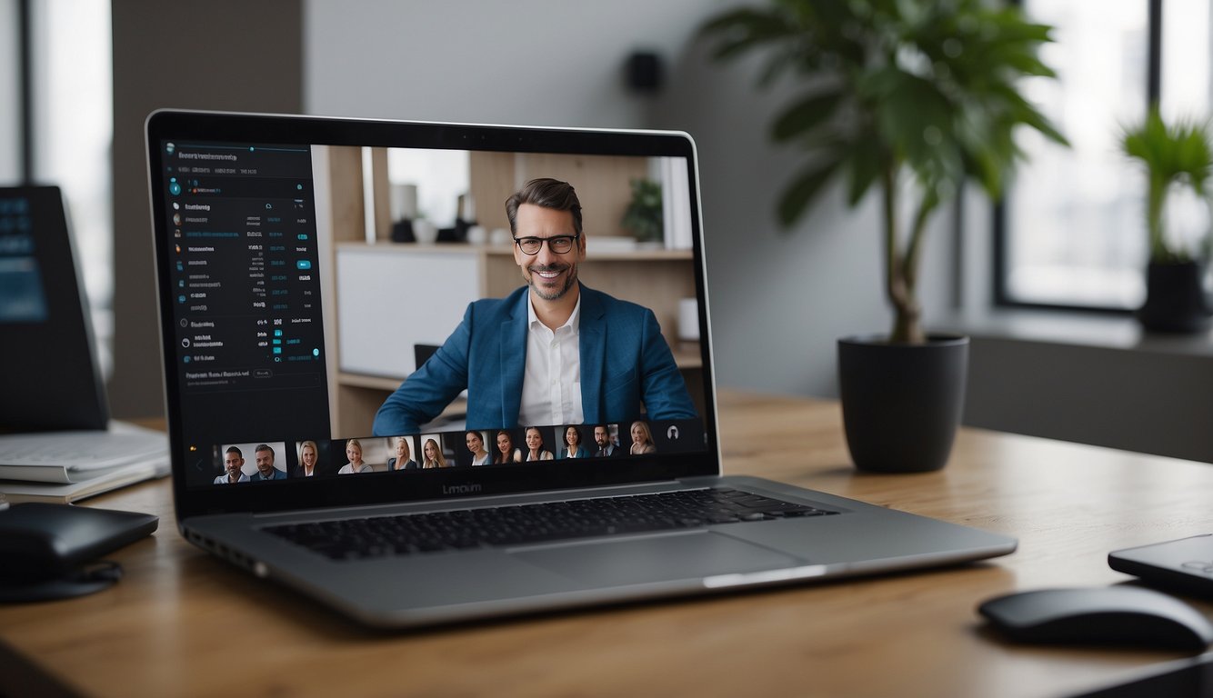 A remote client meeting: a laptop on a clutter-free desk, video call in progress, with a focus on human and technical factors