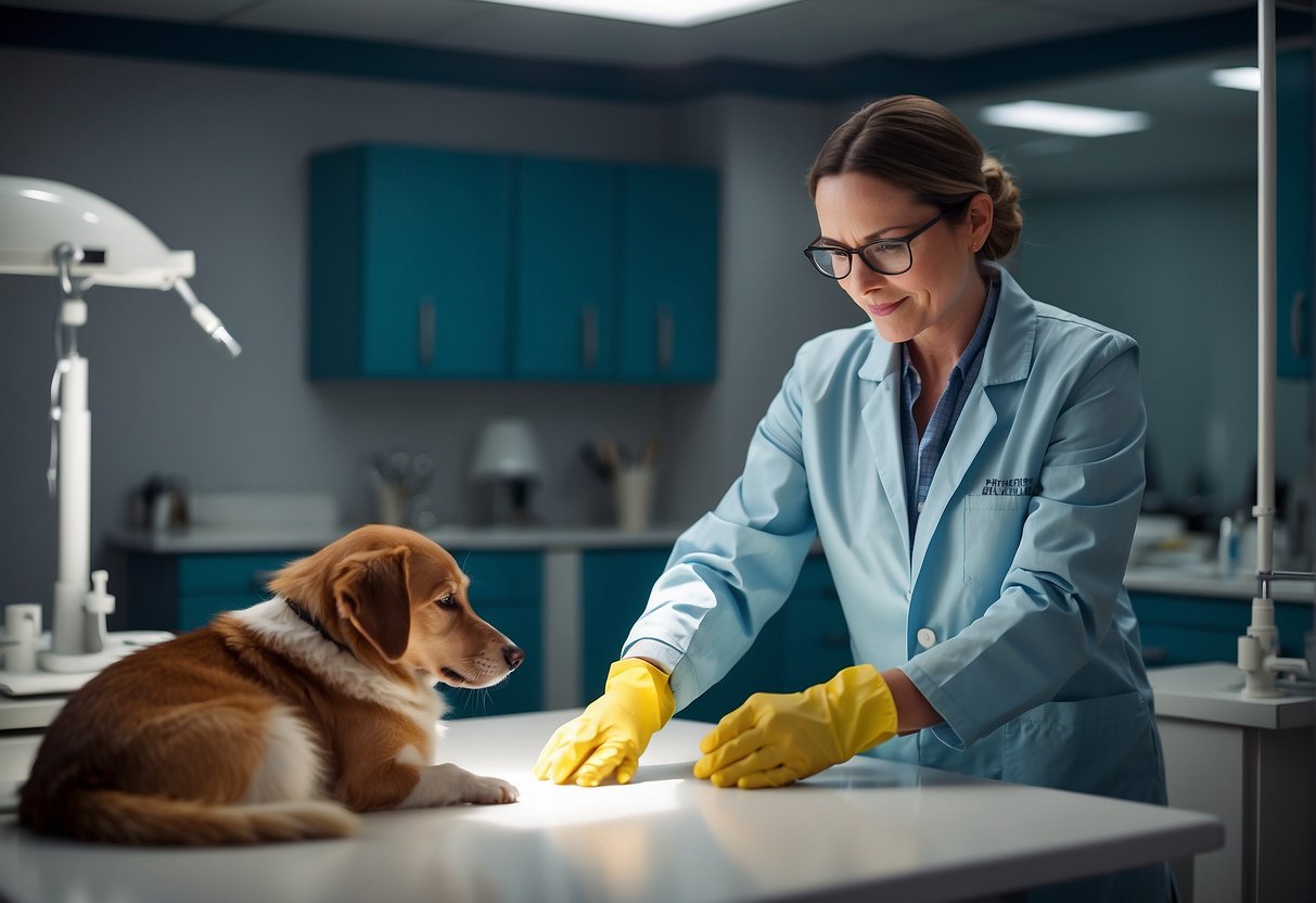 A veterinarian gently expresses a dog's anal glands, using gloves and specialized tools in a clean, well-lit treatment room