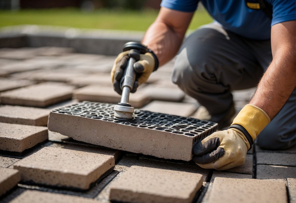 A professional paver repair specialist meticulously replaces damaged pavers in a neatly arranged outdoor patio, using specialized tools and materials