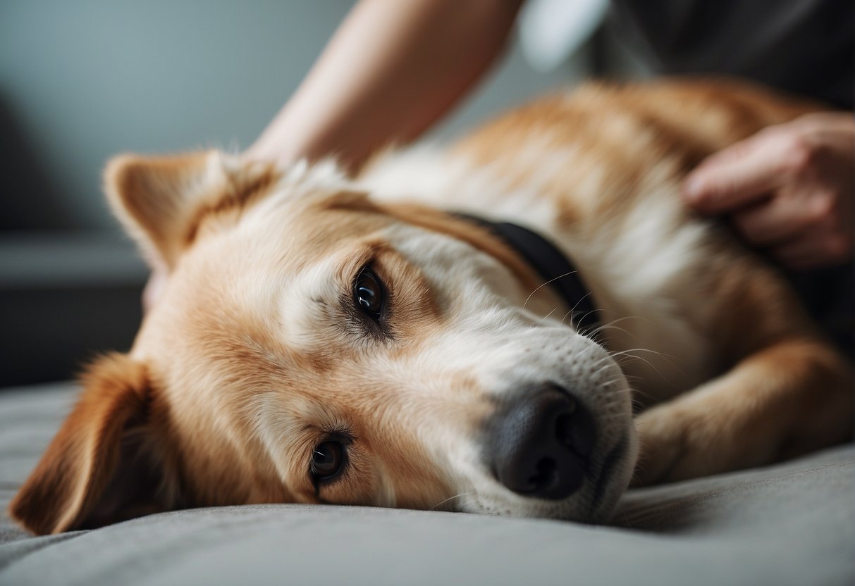 A dog lying on its side, receiving anal gland treatment from a caregiver