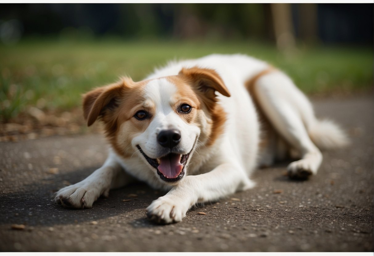 A dog with a discomforted expression, scooting its bottom on the ground, and licking or biting at its rear end