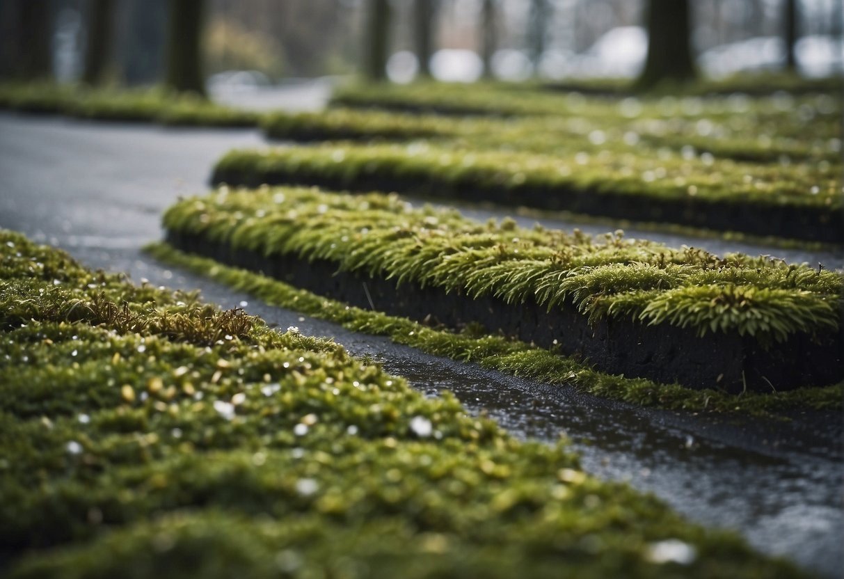 A paved walkway weathers under sun, rain, and snow. Moss and weeds grow between cracks