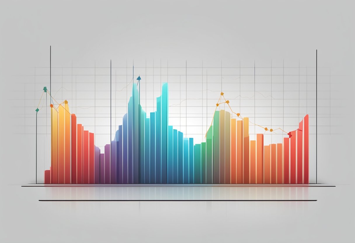 A chart showing a downward trend with red bars and a decreasing line