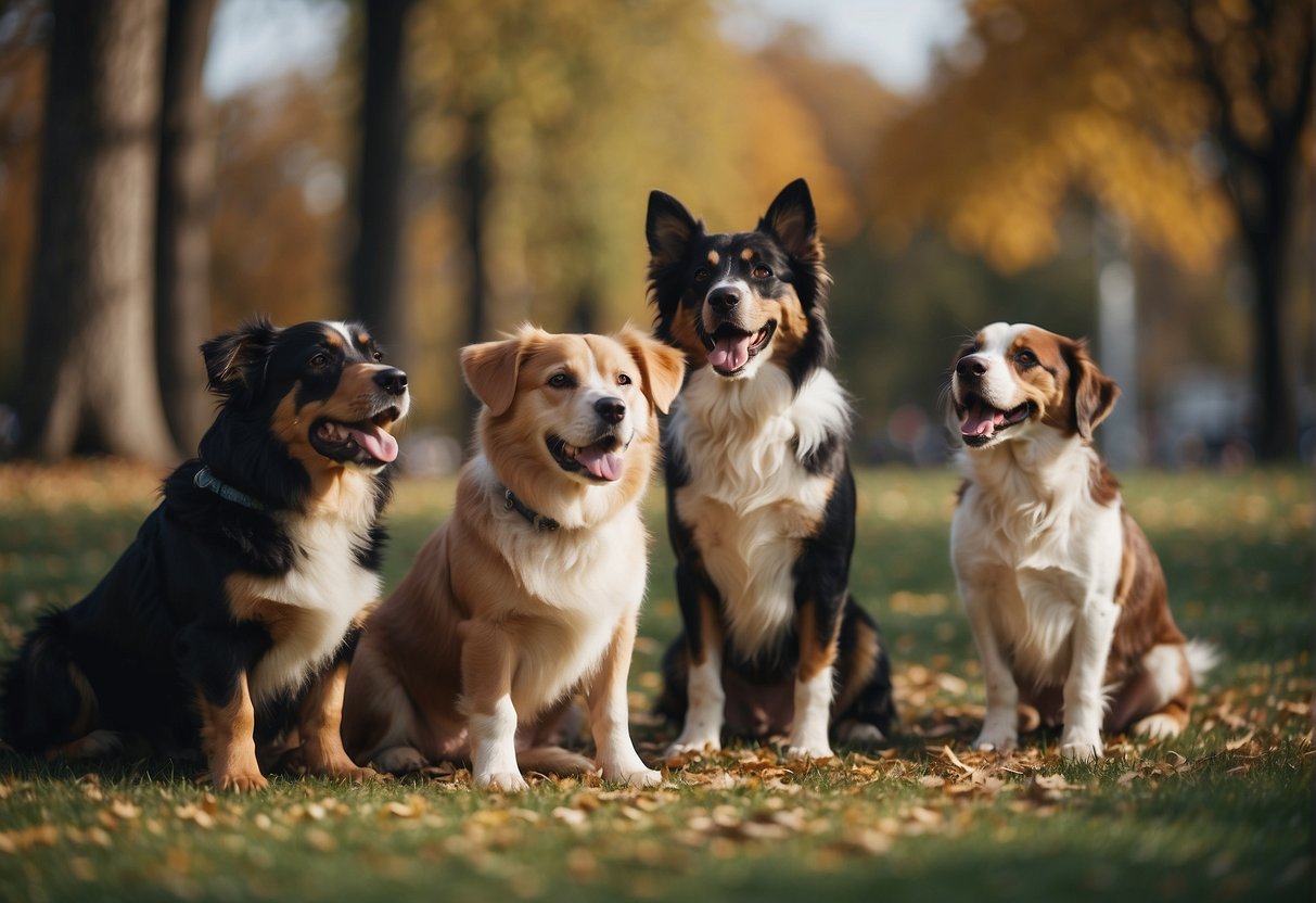 A group of cute dogs with breed-specific traits and temperaments playing in a park