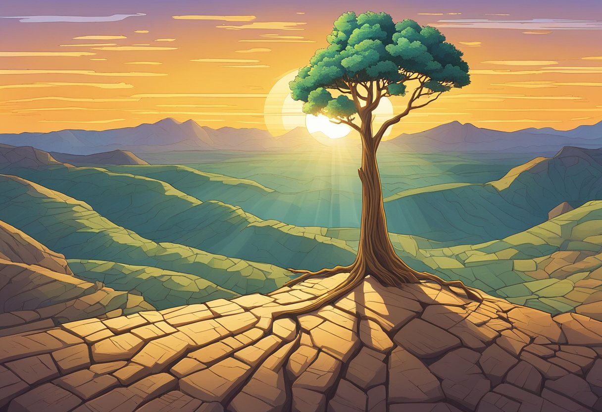 A lone tree stands tall in a barren landscape, with the words "never give up" carved into its trunk. The sun shines brightly overhead, casting a hopeful glow on the scene