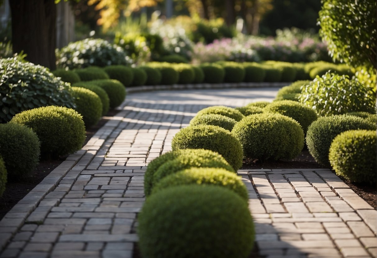 A paver installation in a garden, with trees and plants nearby. The pavers are laid out in a strong, uniform pattern, showing structural integrity. The scene depicts a peaceful, well-maintained outdoor space