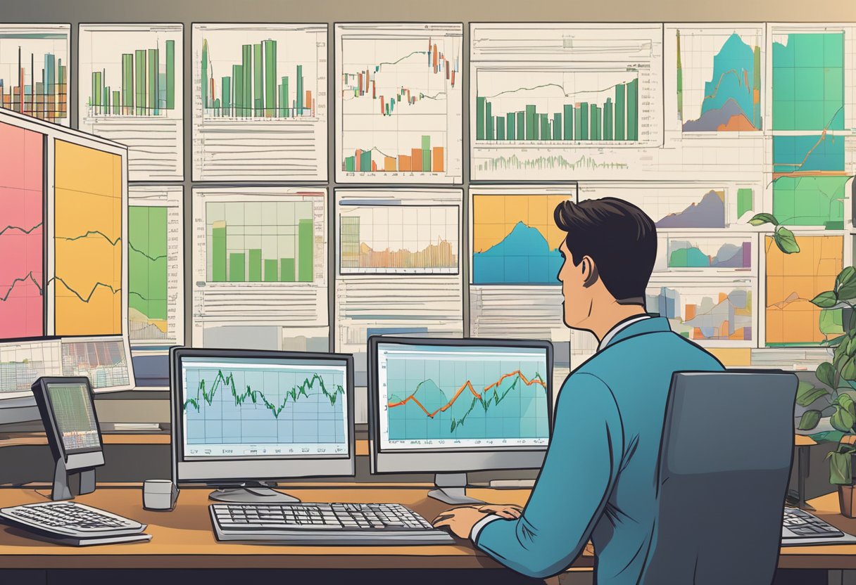 A computer screen displays a series of fluctuating stock charts, while a frustrated trader stares at the screen, surrounded by scattered papers and a calculator