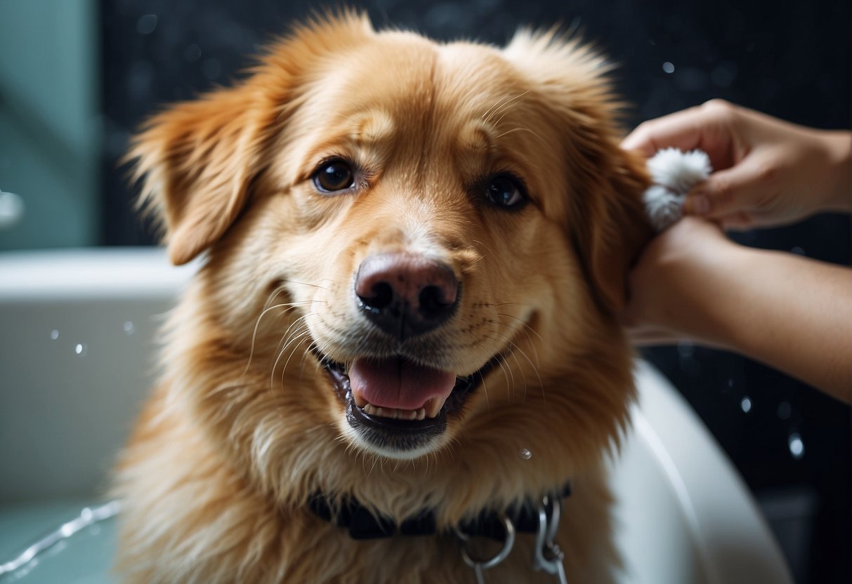 A cute dog breed is being brushed and given a bath, with a happy expression on its face