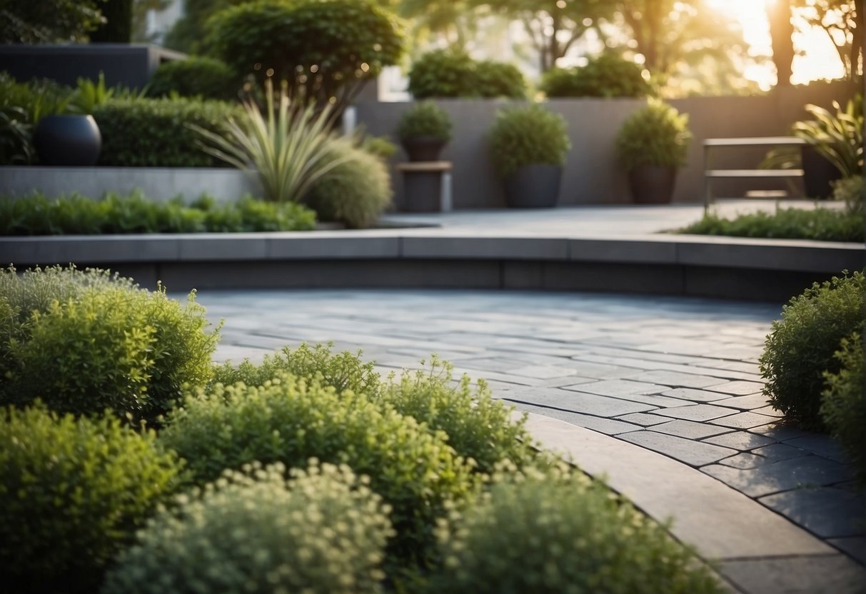 A modern outdoor space with sleek pavers, surrounded by lush greenery and natural elements. The design is both visually appealing and durable, with a focus on sustainability