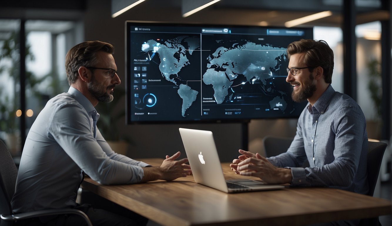 A virtual client meeting with two screens displaying engaged participants, one sharing a presentation while the other nods attentively