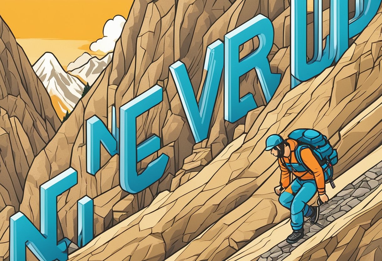 A mountain climber persevering up a steep, rocky slope, with the words "Never give up" written in bold letters in the background