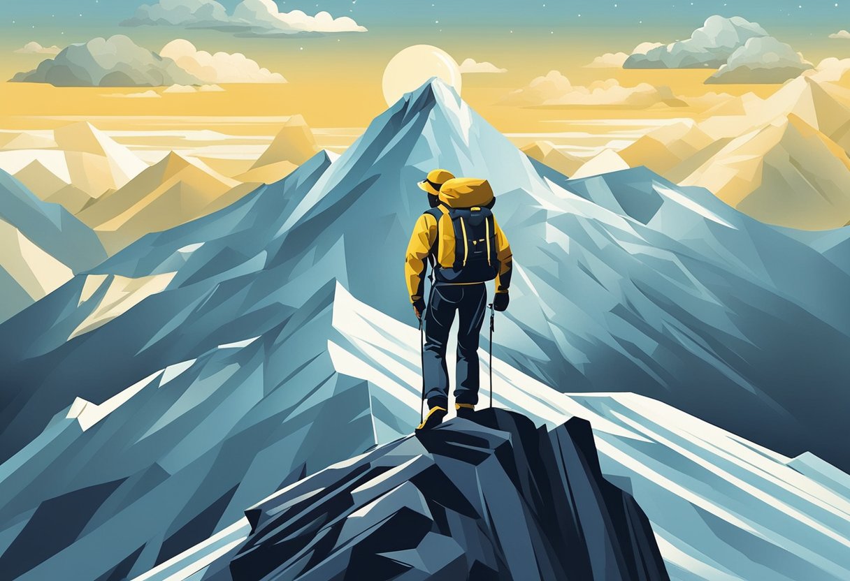 A mountain climber reaching the summit, surrounded by dark clouds but with a ray of sunlight breaking through, symbolizing perseverance and determination