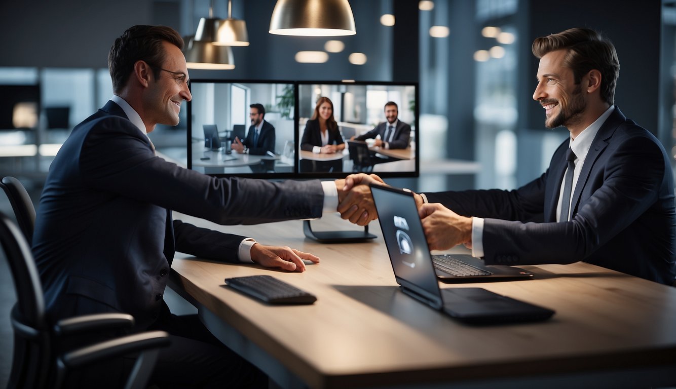 A virtual meeting with two computer screens facing each other, showing professional settings and a warm, inviting atmosphere. A handshake icon appears on the screens, symbolizing trust and rapport