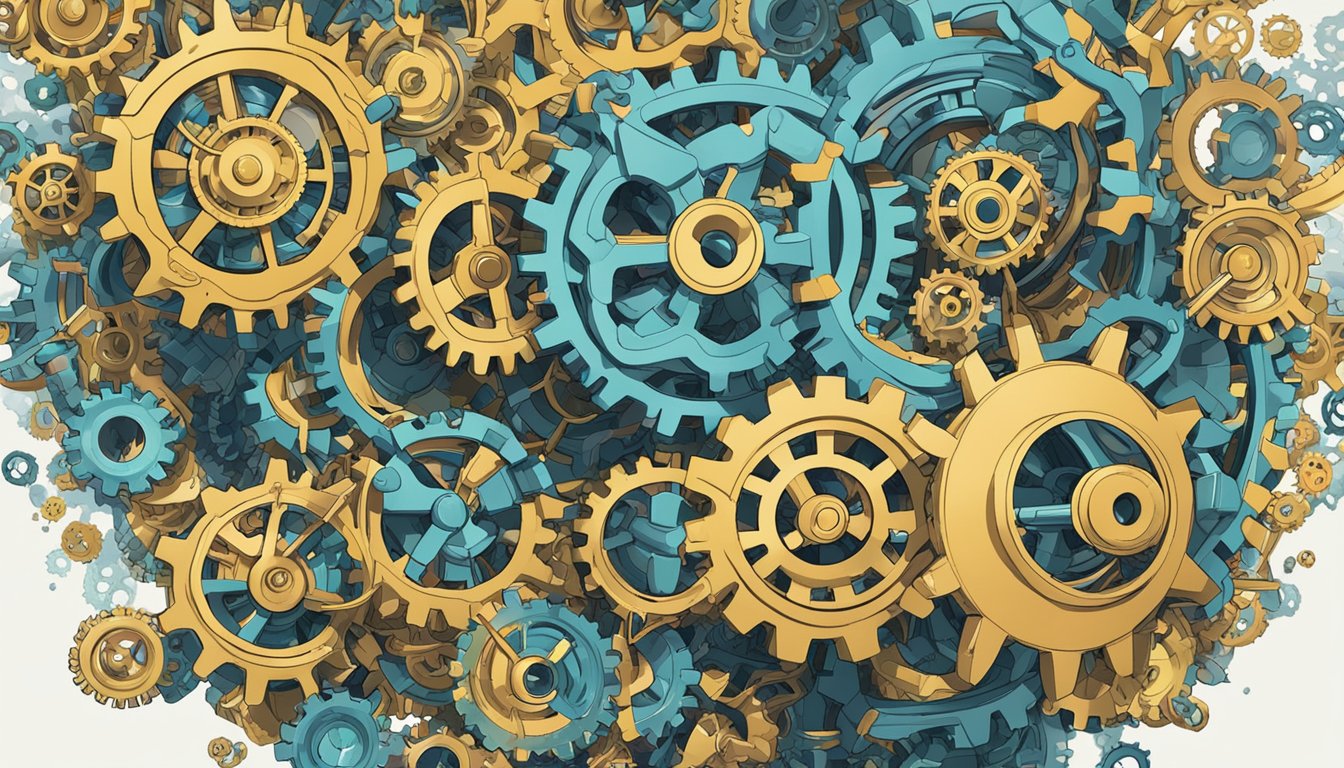 A group of interconnected gears symbolizing collaboration and partnership, each gear representing a different industry or company, working together to expand into new markets