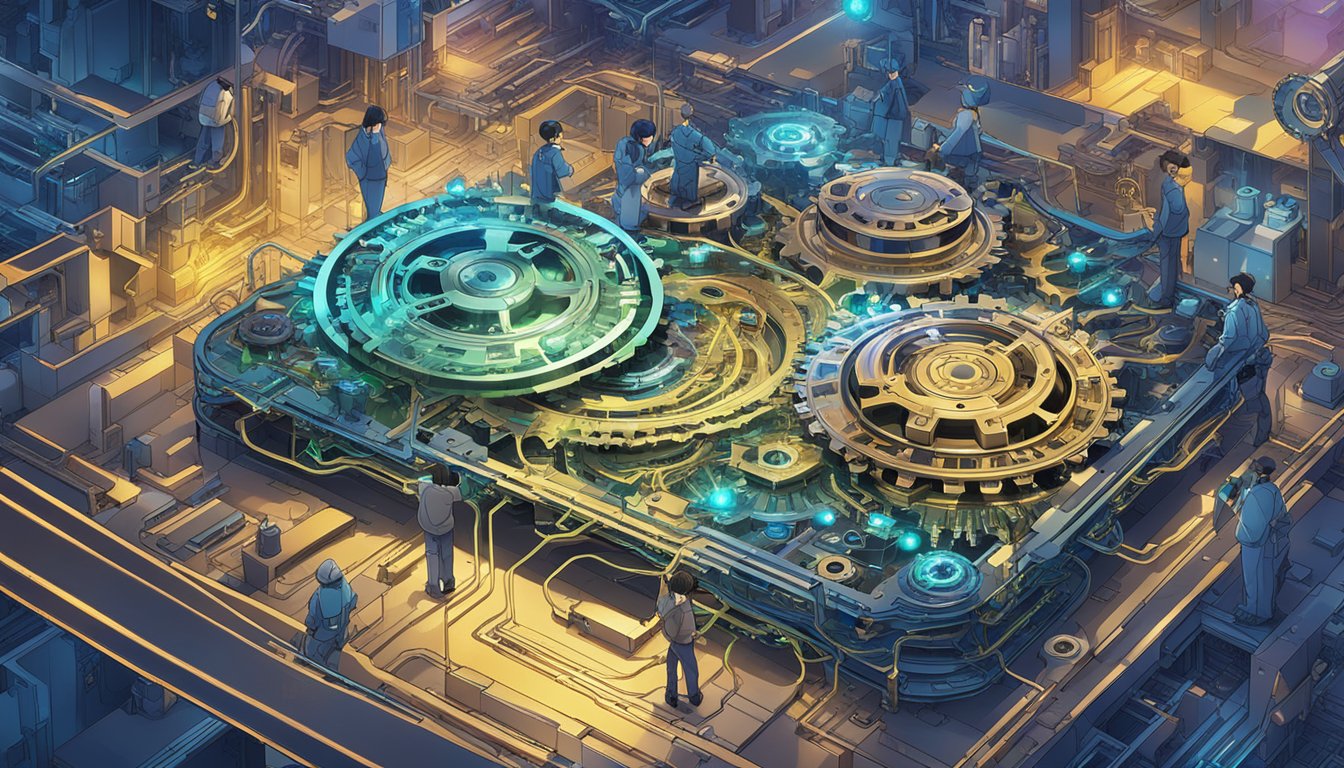 A group of interconnected gears and circuit boards symbolizing collaboration and partnership in AI and technology