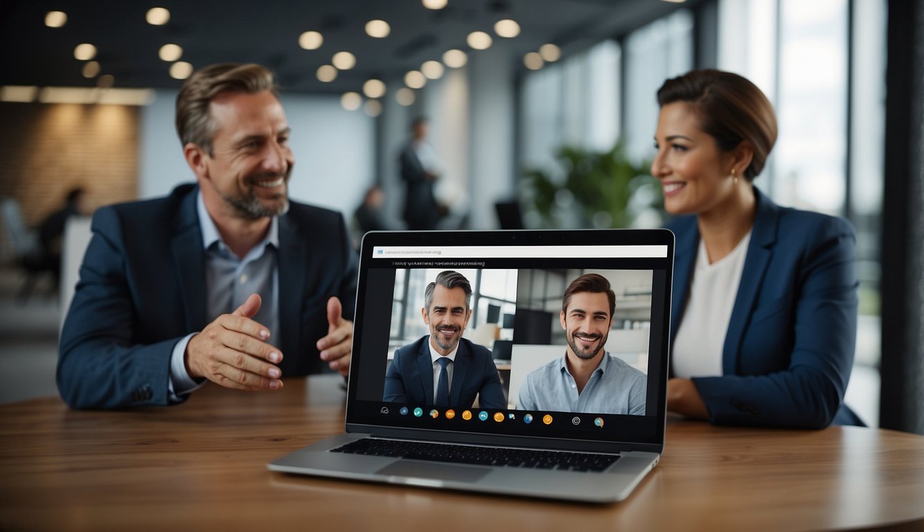 A laptop displaying a virtual client meeting with two participants smiling and engaged. A virtual background of a professional office setting enhances the sense of rapport and trust