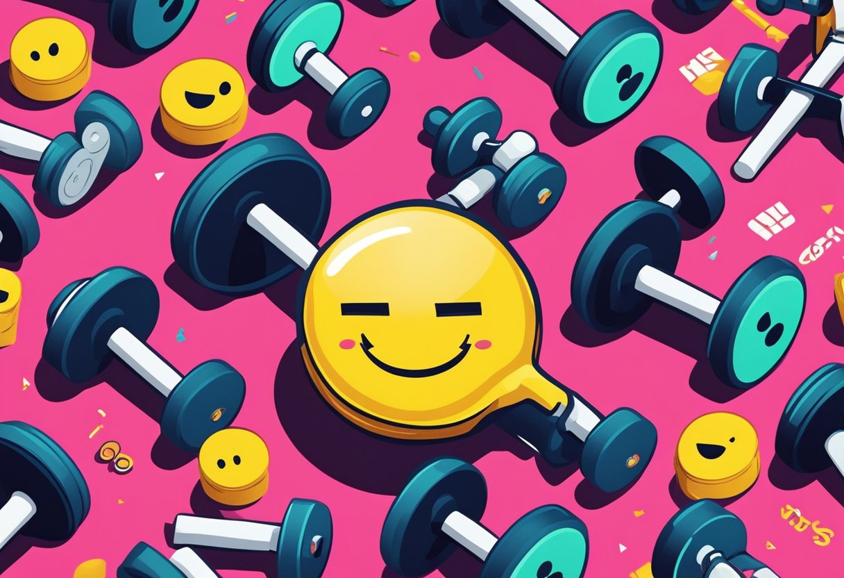 A dumbbell with a smiley face and a speech bubble saying "You got this!" surrounded by colorful workout equipment