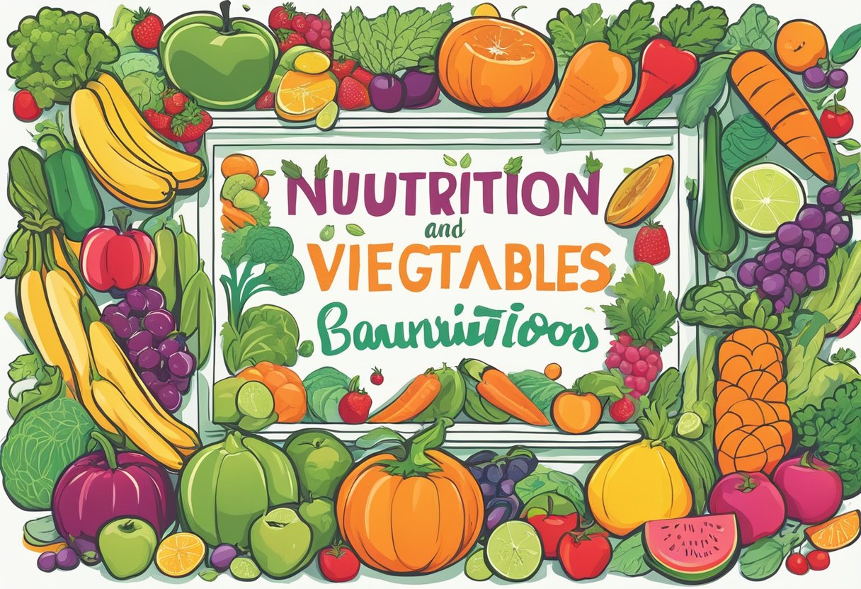 A colorful array of fruits and vegetables surround a bold, handwritten sign with motivational nutrition quotes