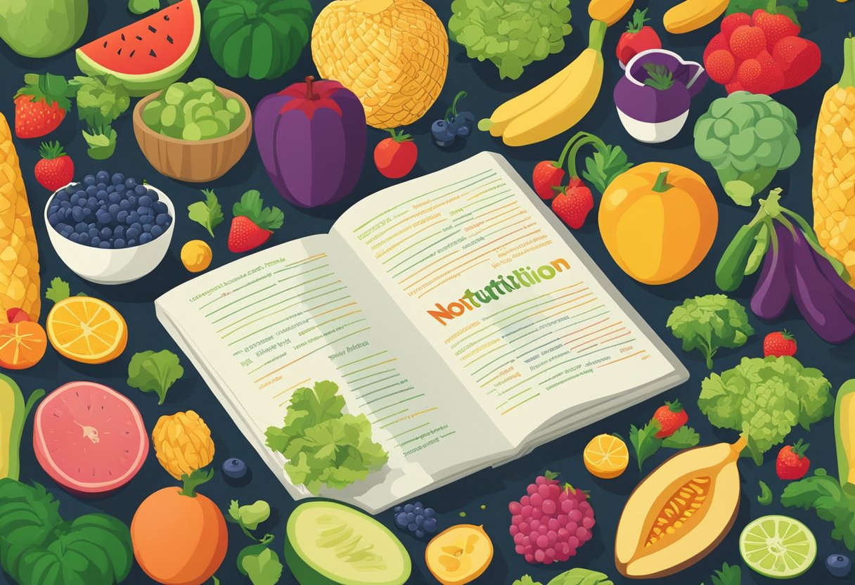A table covered with a variety of colorful fruits and vegetables, with a quote list of motivational nutrition quotes displayed prominently in the background