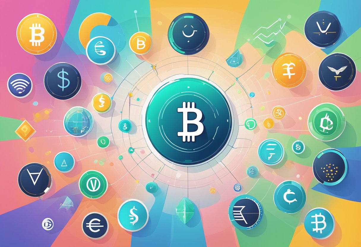 A diverse array of digital currency symbols arranged in a strategic manner, with upward trending graphs in the background