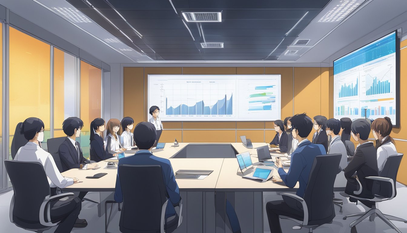 A group of people discussing potential regulatory changes and industry expansion in a conference room with charts and graphs displayed on a large screen