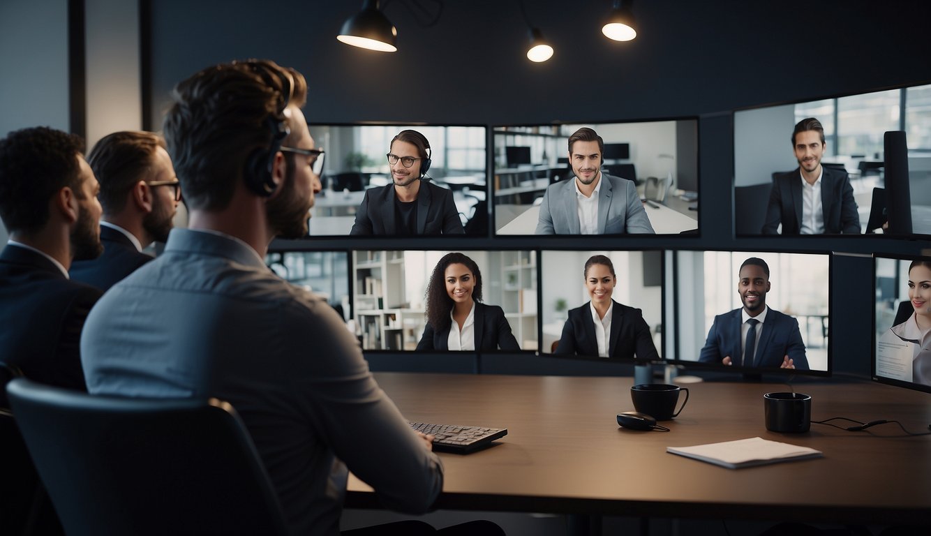 Multiple individuals engage in a virtual meeting, facing various communication obstacles. They adapt using effective strategies and best practices