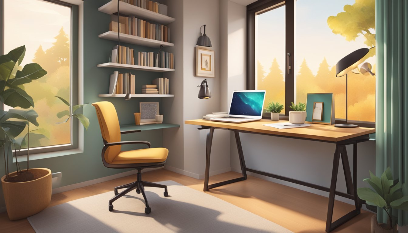 A sleek study table with a built-in bookshelf and a modern desk lamp, placed against a window with a view of trees and a cozy bedroom setting