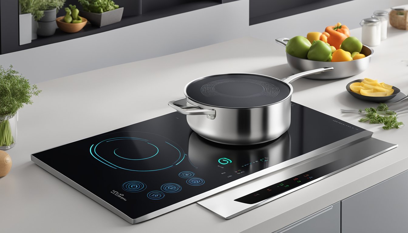 A sleek induction cooker with brand logo prominently displayed on the front, surrounded by a modern, minimalist kitchen setting